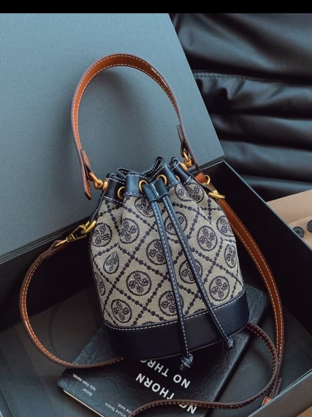 Classic Beige & Brown Bucket Bag with Leather Trim